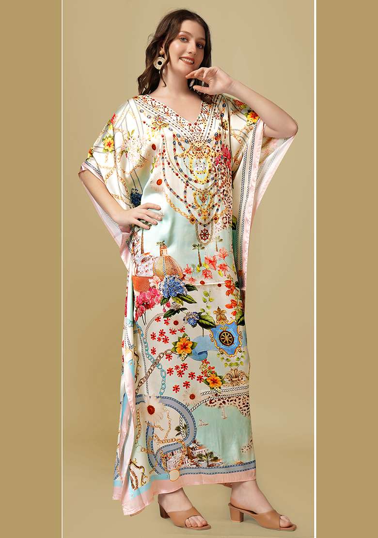 Multicolor Floral Print Satin Kaftan - Indya