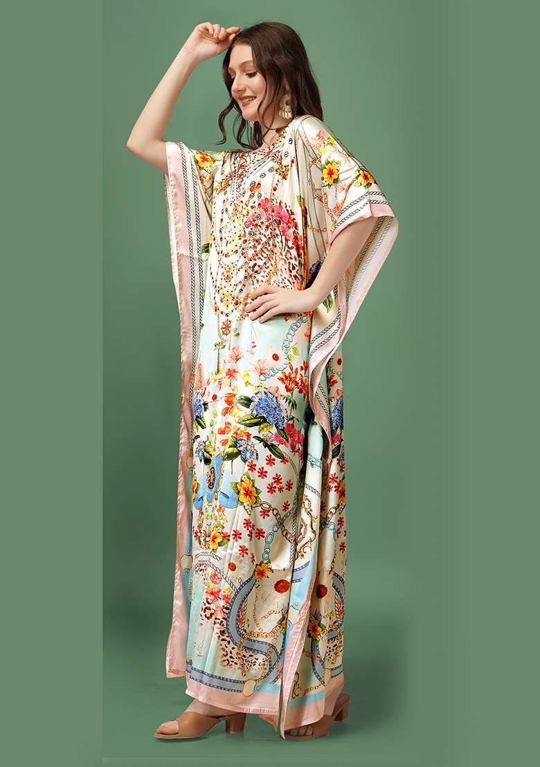 Multicolor Floral Print Satin Kaftan - Indya