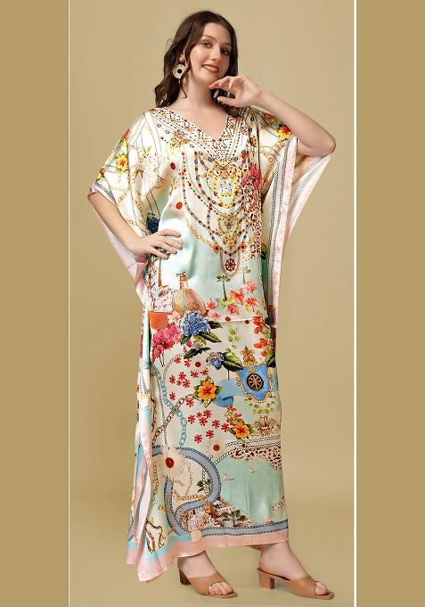 Multicolor Printed Satin Kaftan