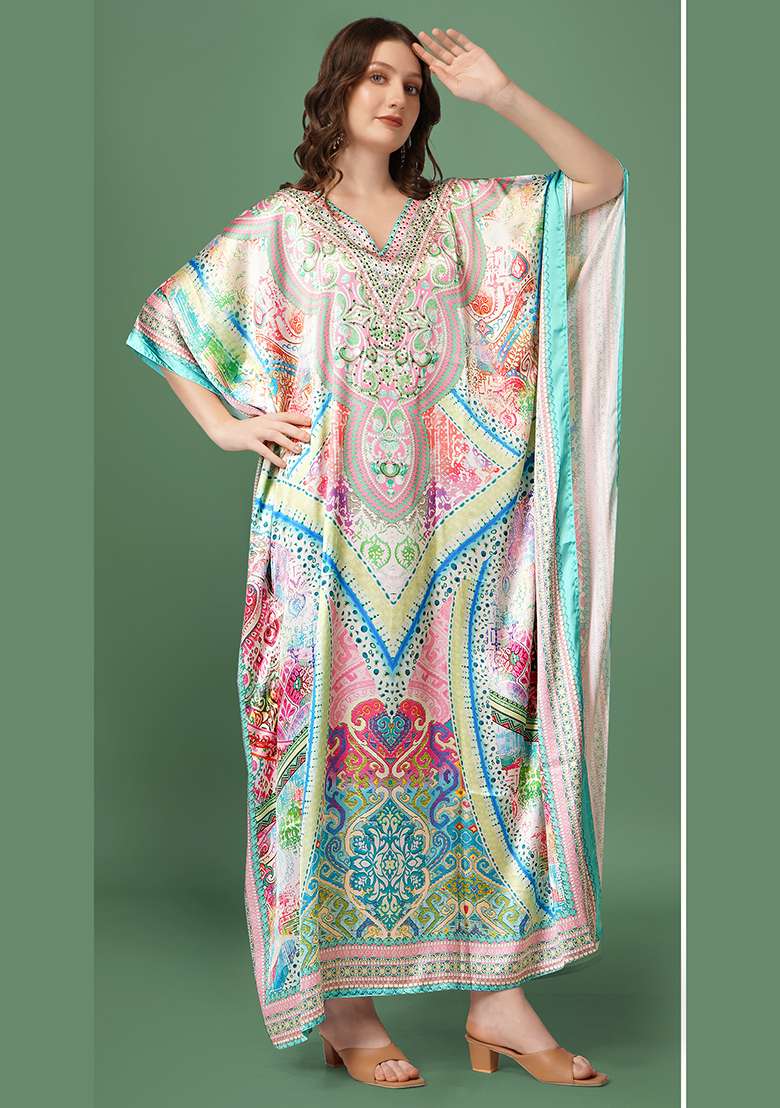 Multicolor Printed Satin Kaftan - Indya