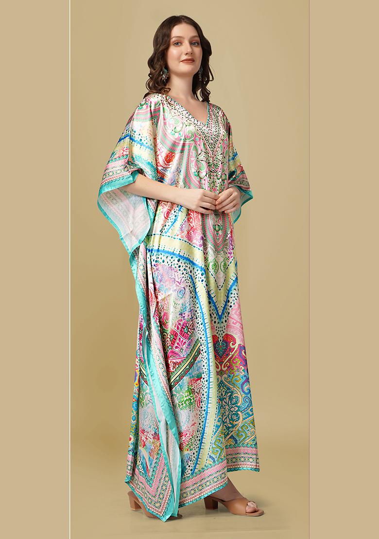 Multicolor Printed Satin Kaftan - Indya