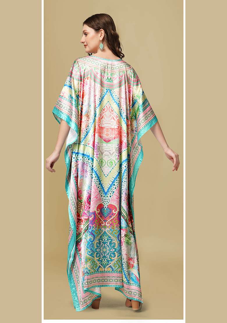 Multicolor Printed Satin Kaftan - Indya