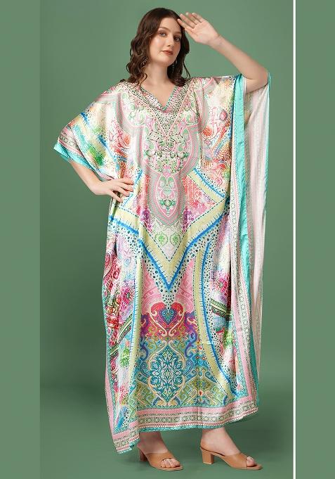 Multicolor Printed Satin Kaftan
