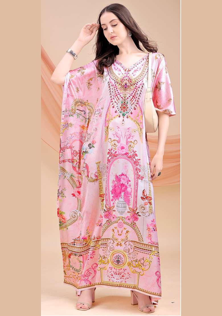 Multicolor Printed Satin Kaftan - Indya