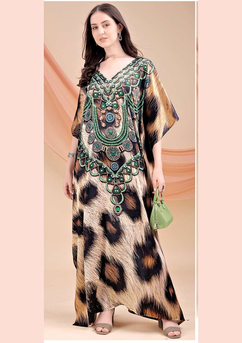 Multicolor Printed Satin Kaftan - Indya
