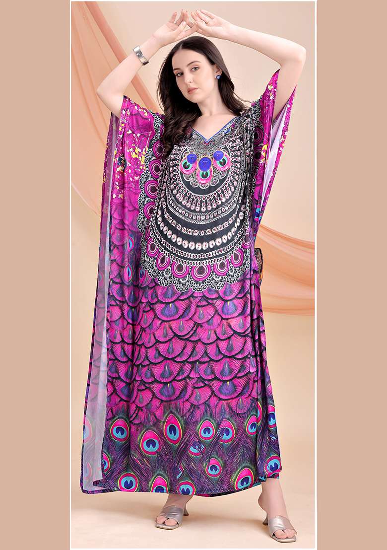 Multicolor Printed Satin Kaftan - Indya