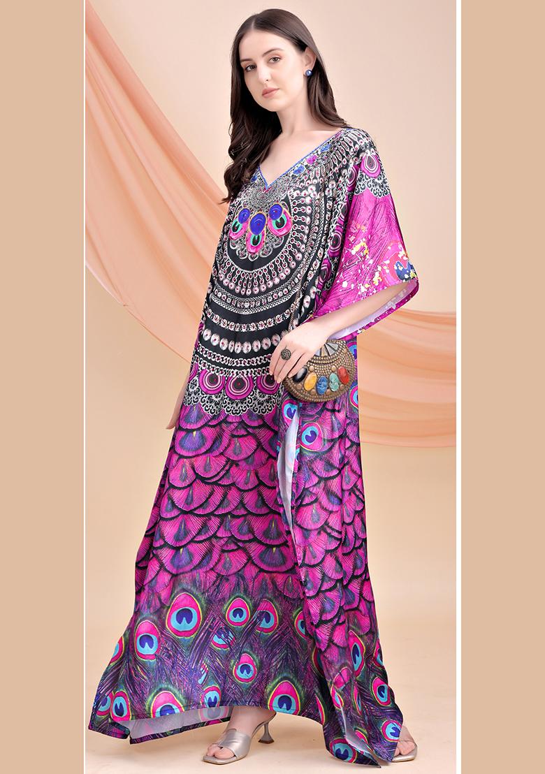 Multicolor Printed Satin Kaftan - Indya
