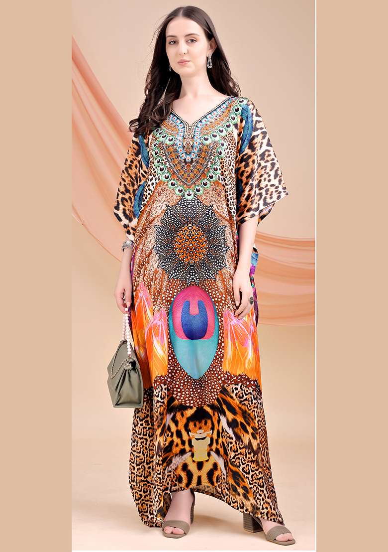 Multicolor Printed Satin Kaftan - Indya