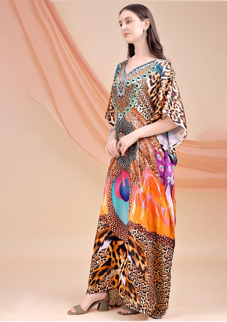 Multicolor Printed Satin Kaftan - Indya