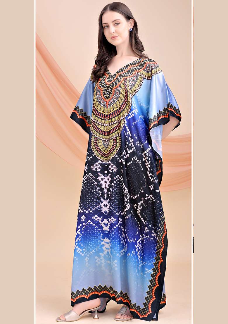 Multicolor Printed Satin Kaftan - Indya