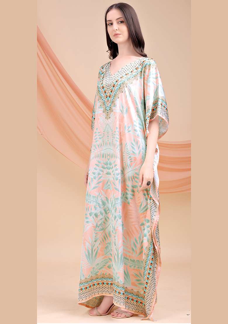 Multicolor Printed Satin Kaftan - Indya