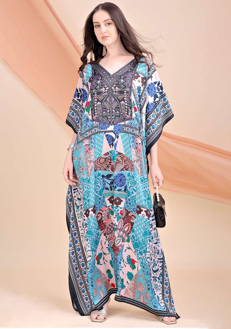Multicolor Printed Satin Kaftan - Indya