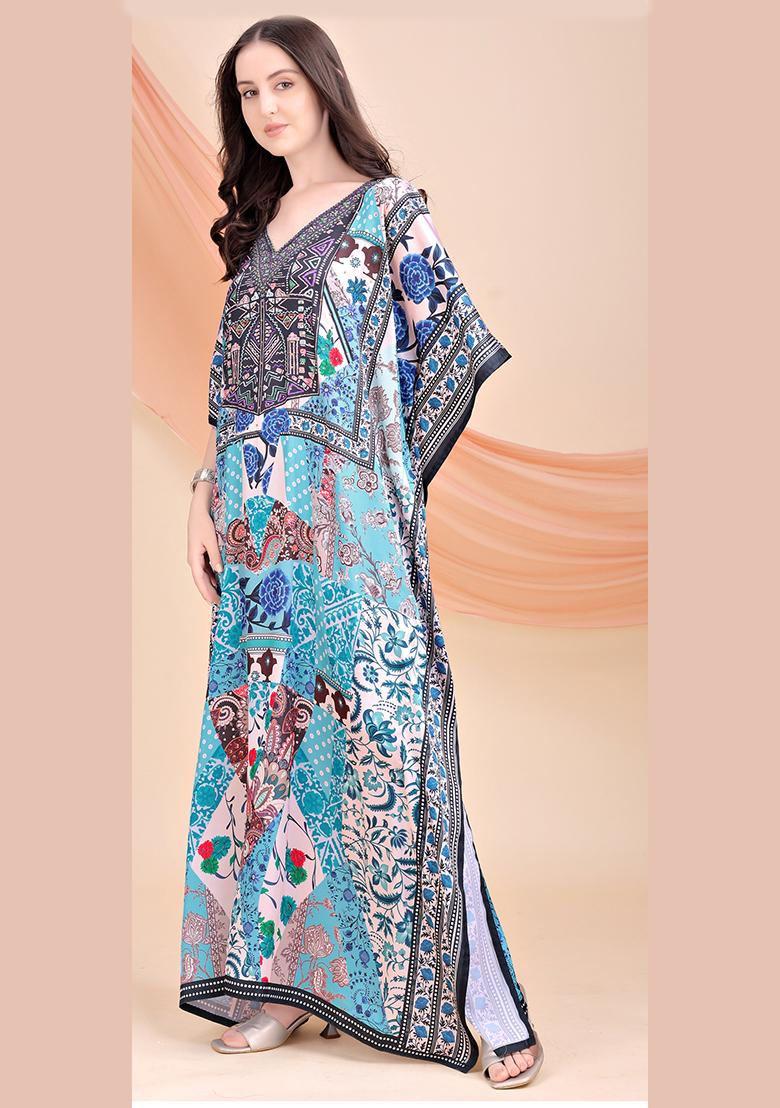Multicolor Printed Satin Kaftan - Indya