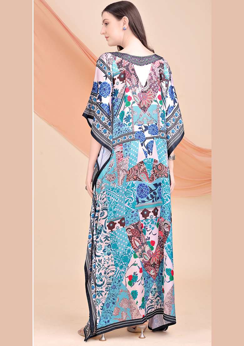 Multicolor Printed Satin Kaftan - Indya