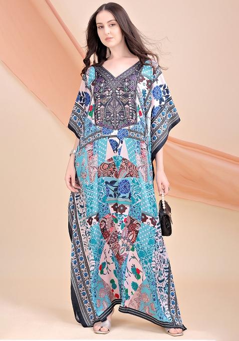 Multicolor Printed Satin Kaftan