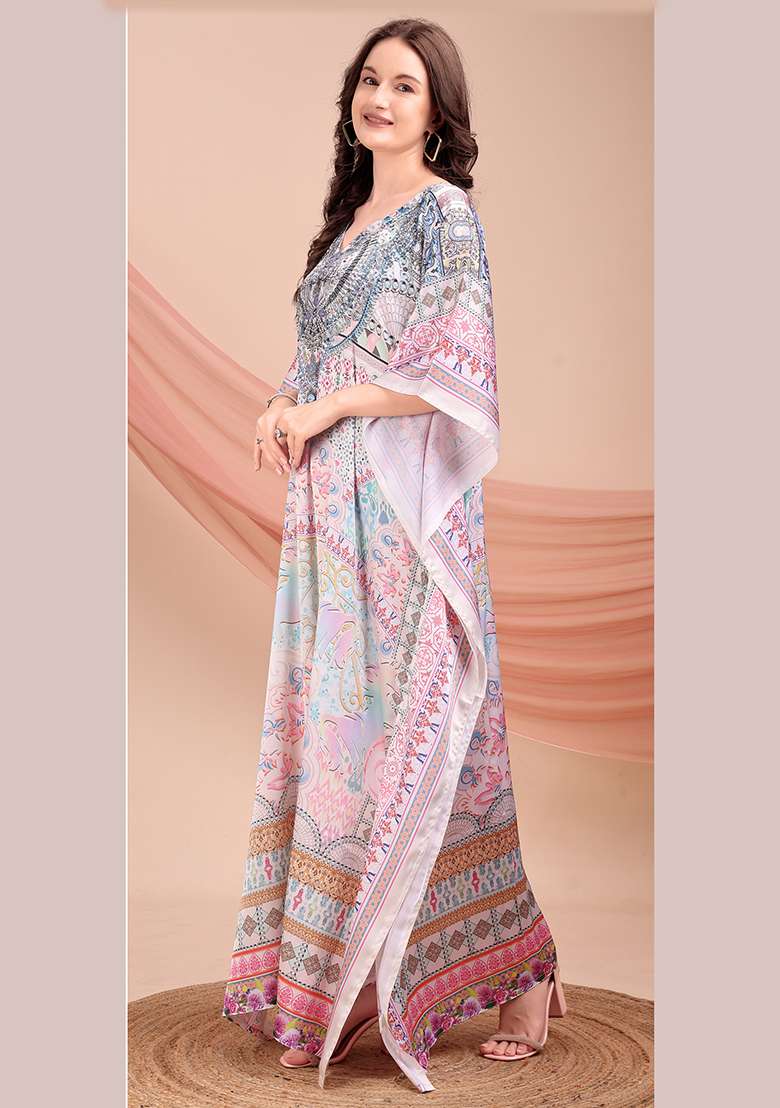 Multicolor Printed Satin Kaftan - Indya