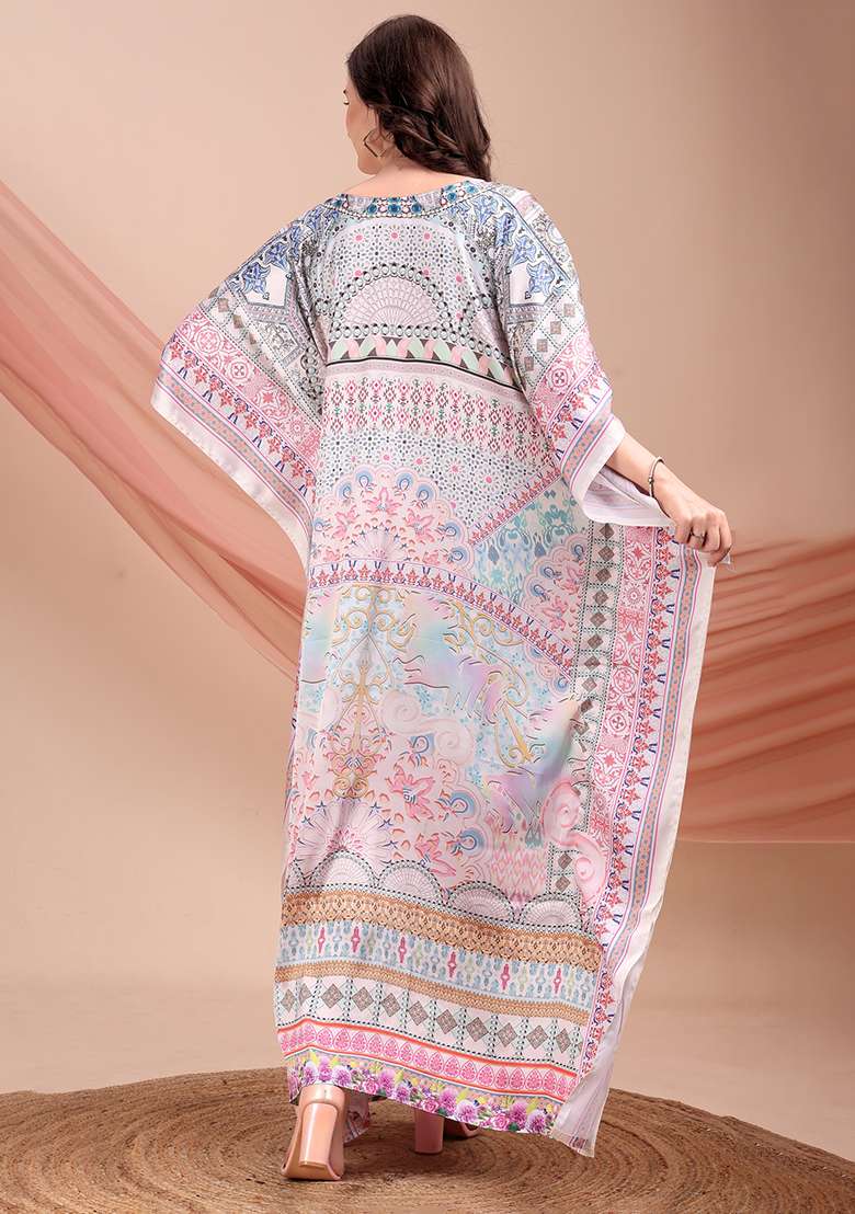 Multicolor Printed Satin Kaftan - Indya