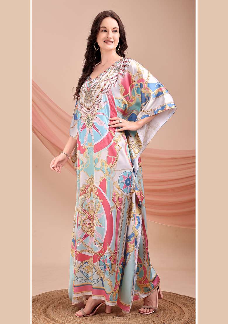 Multicolor Printed Satin Kaftan - Indya