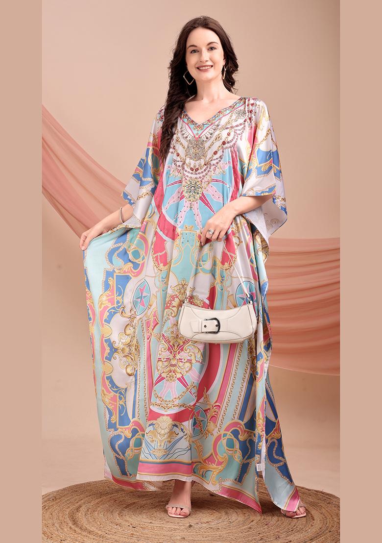 Multicolor Printed Satin Kaftan - Indya