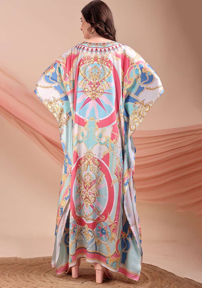 Multicolor Printed Satin Kaftan - Indya