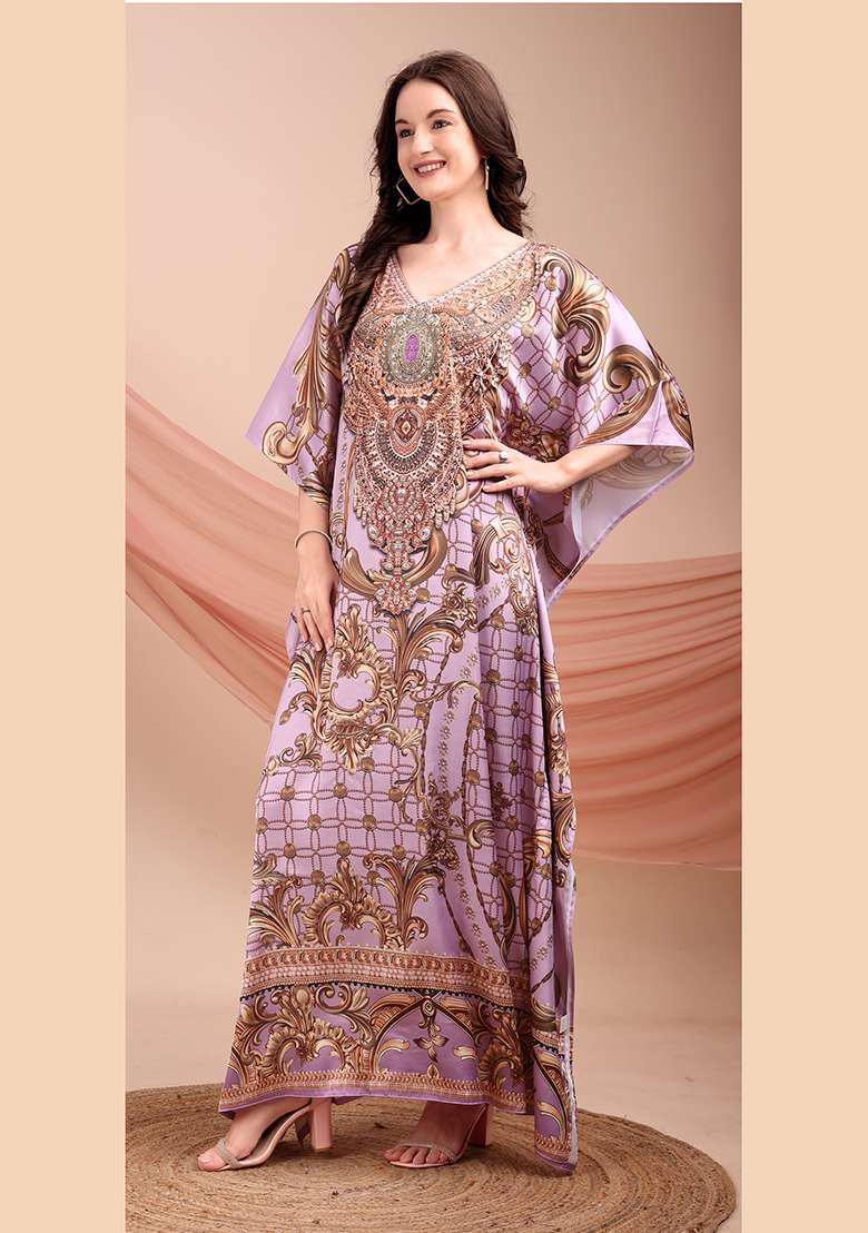 Multicolor Printed Satin Kaftan - Indya