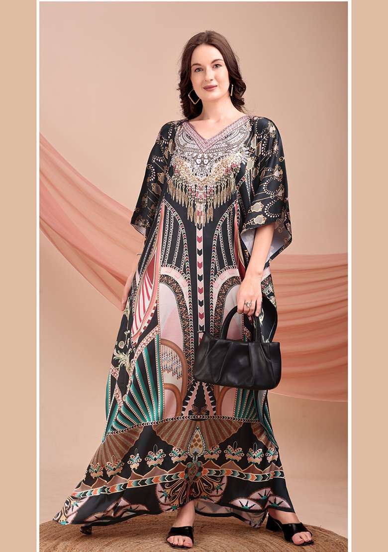 Multicolor Printed Satin Kaftan - Indya