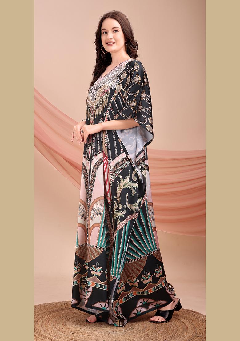 Multicolor Printed Satin Kaftan - Indya