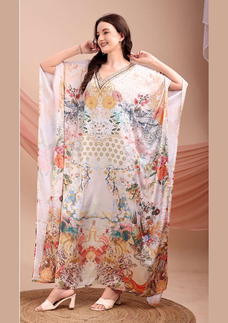 Multicolor Printed Satin Kaftan - Indya