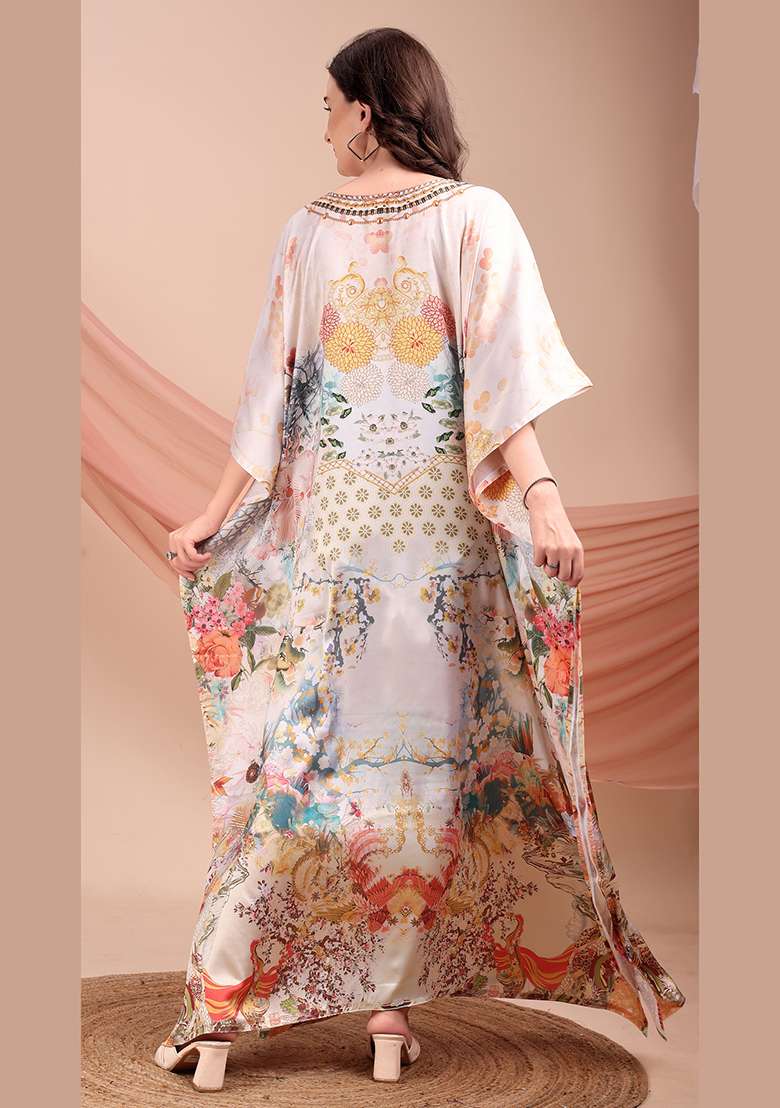 Multicolor Printed Satin Kaftan - Indya
