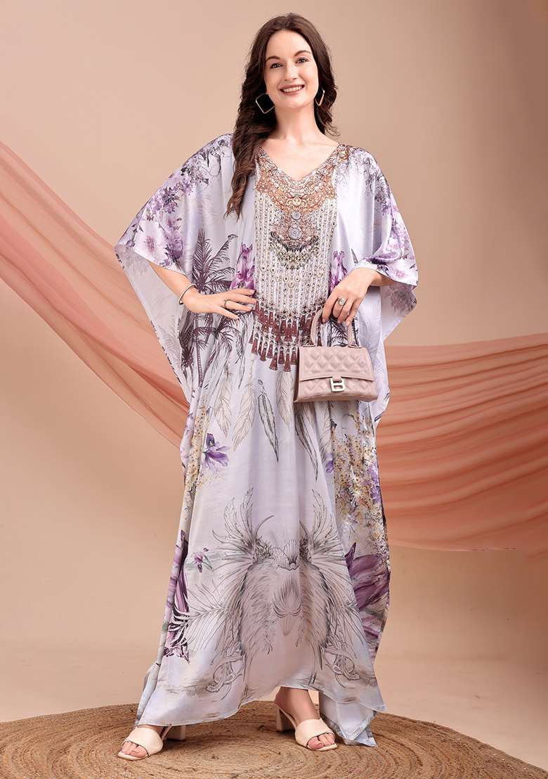 Multicolor Floral Print Satin Kaftan - Indya