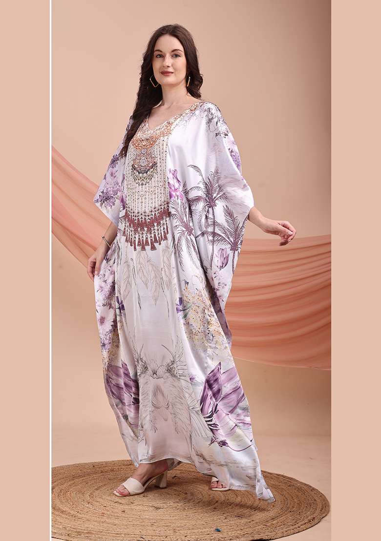 Multicolor Floral Print Satin Kaftan - Indya