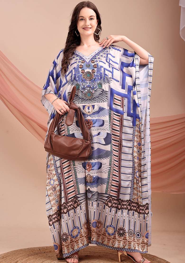 Multicolor Printed Satin Kaftan - Indya