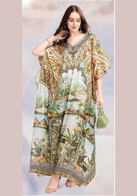 Multicolor Printed Satin Kaftan