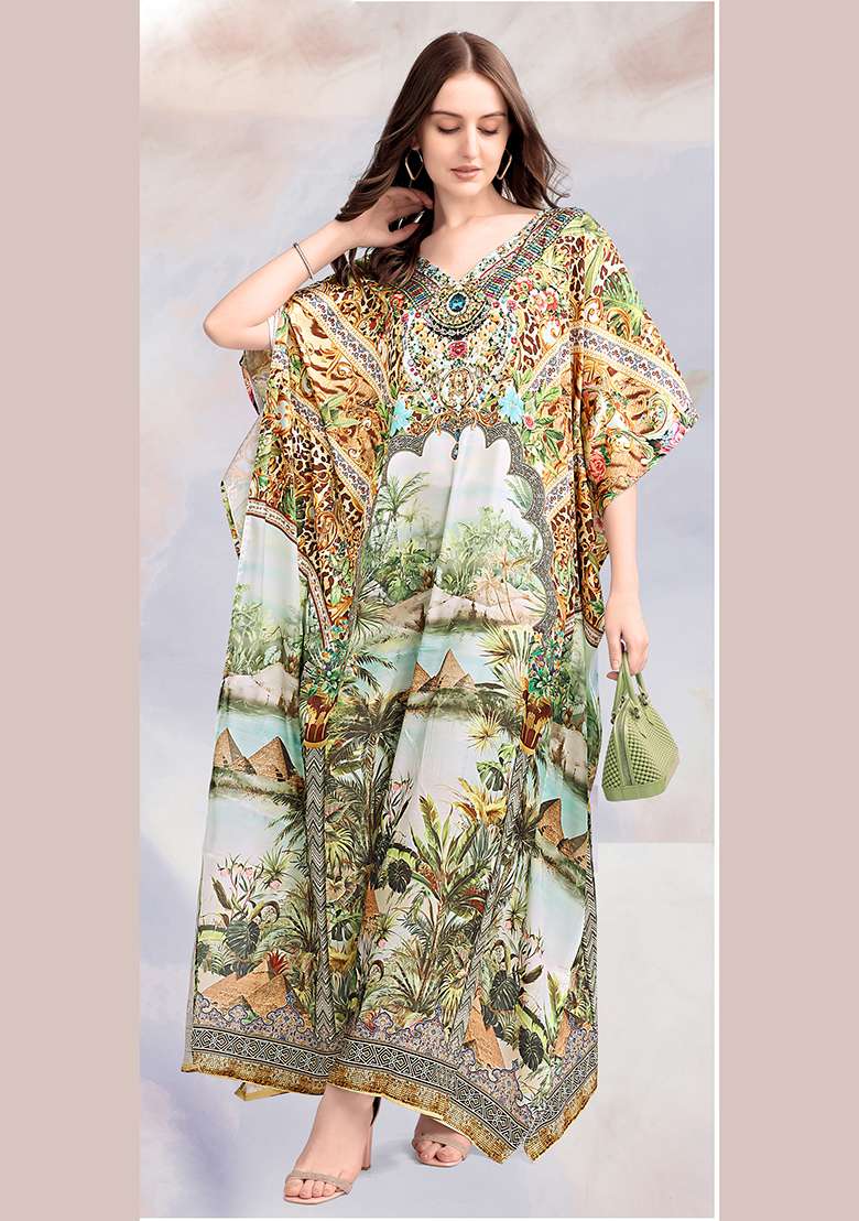 Multicolor Printed Satin Kaftan - Indya