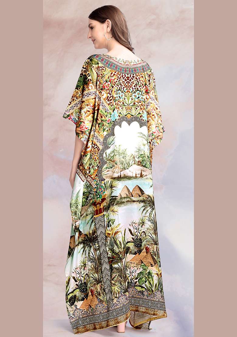Multicolor Printed Satin Kaftan - Indya