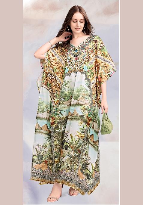 Multicolor Printed Satin Kaftan