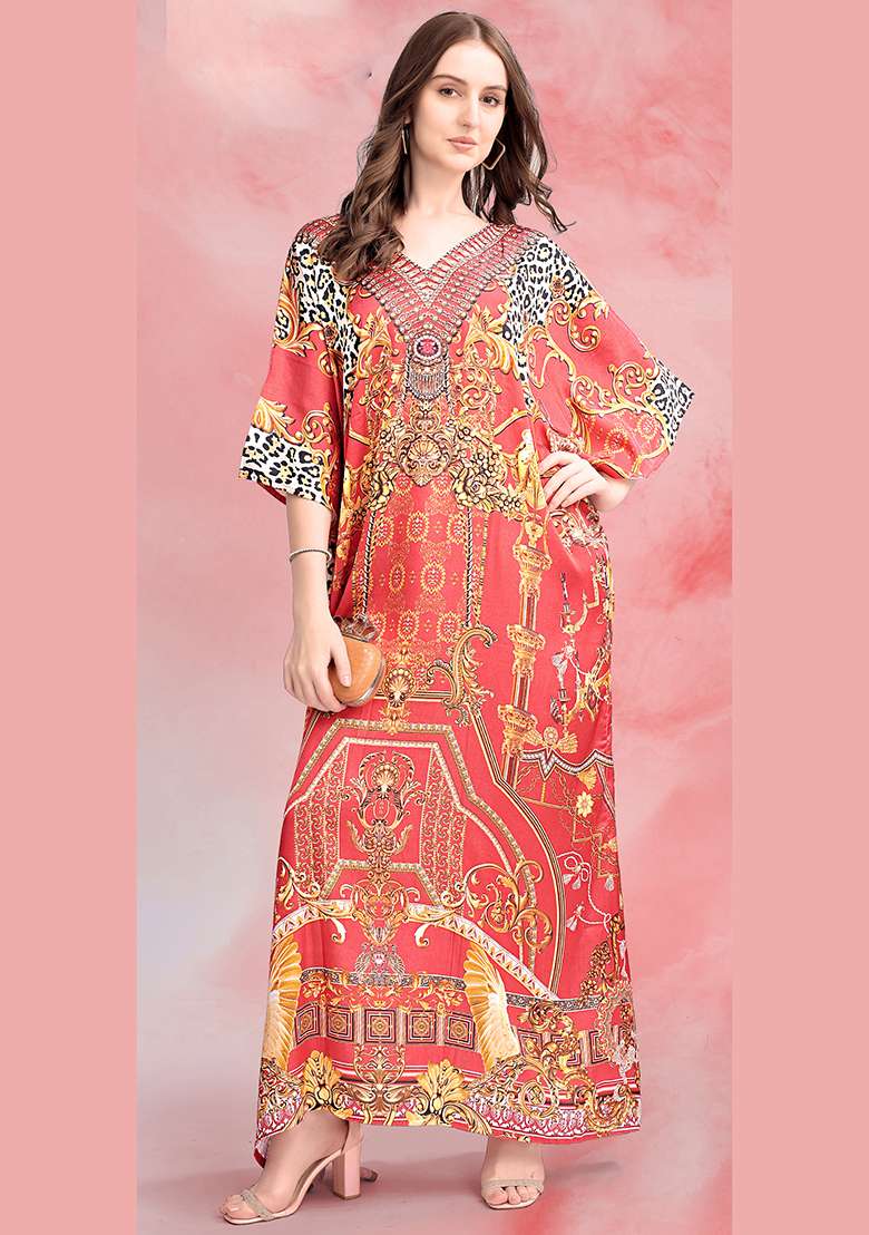 Multicolor Printed Satin Kaftan - Indya