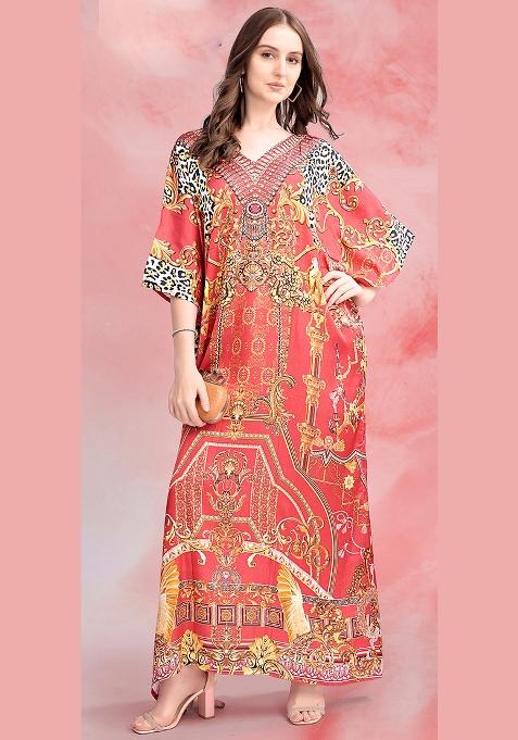 Multicolor Printed Satin Kaftan