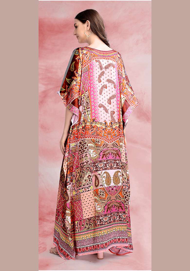 Multicolor Printed Satin Kaftan - Indya