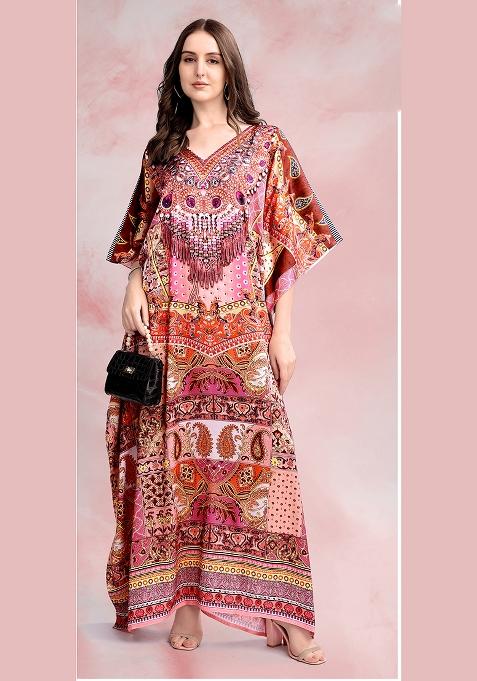 Multicolor Printed Satin Kaftan