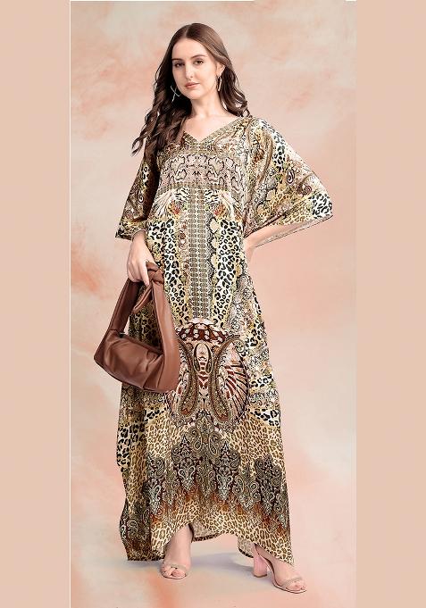 Multicolor Printed Satin Kaftan
