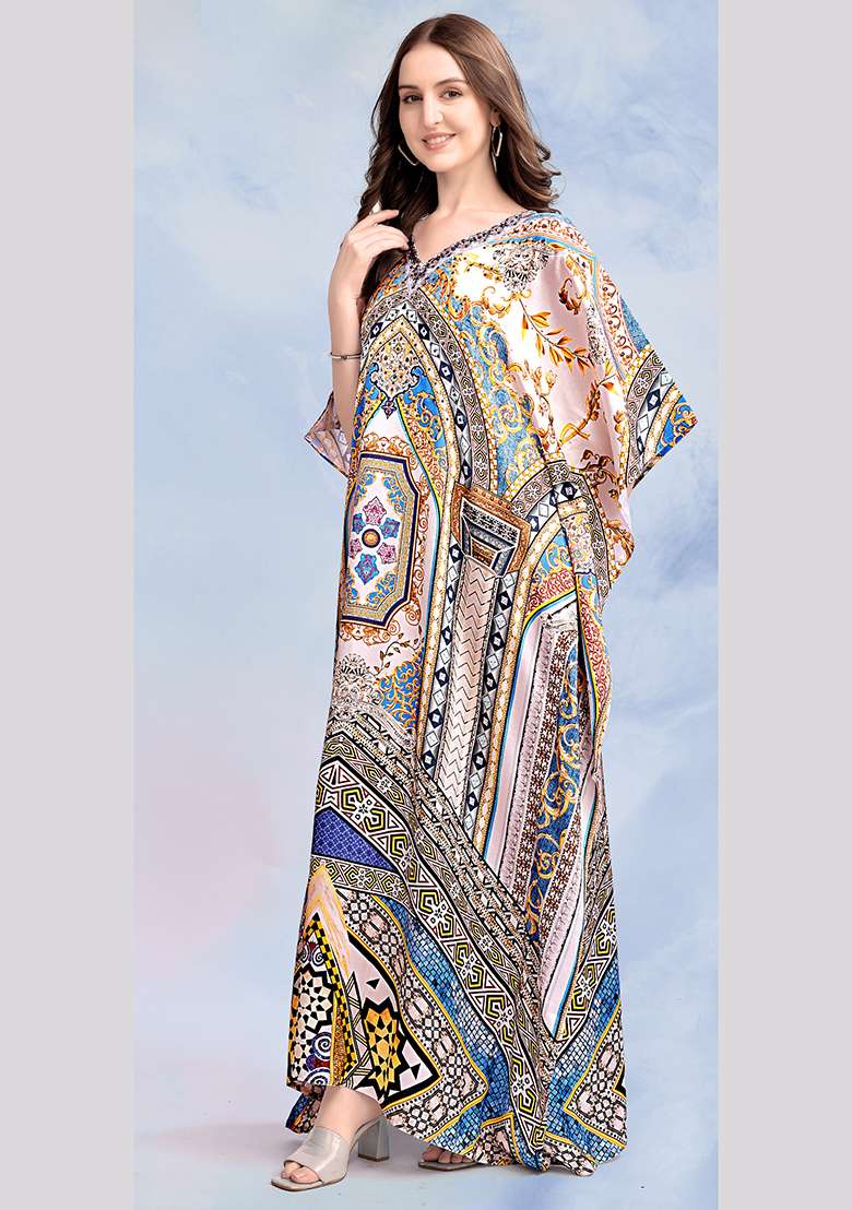 Multicolor Printed Satin Kaftan - Indya
