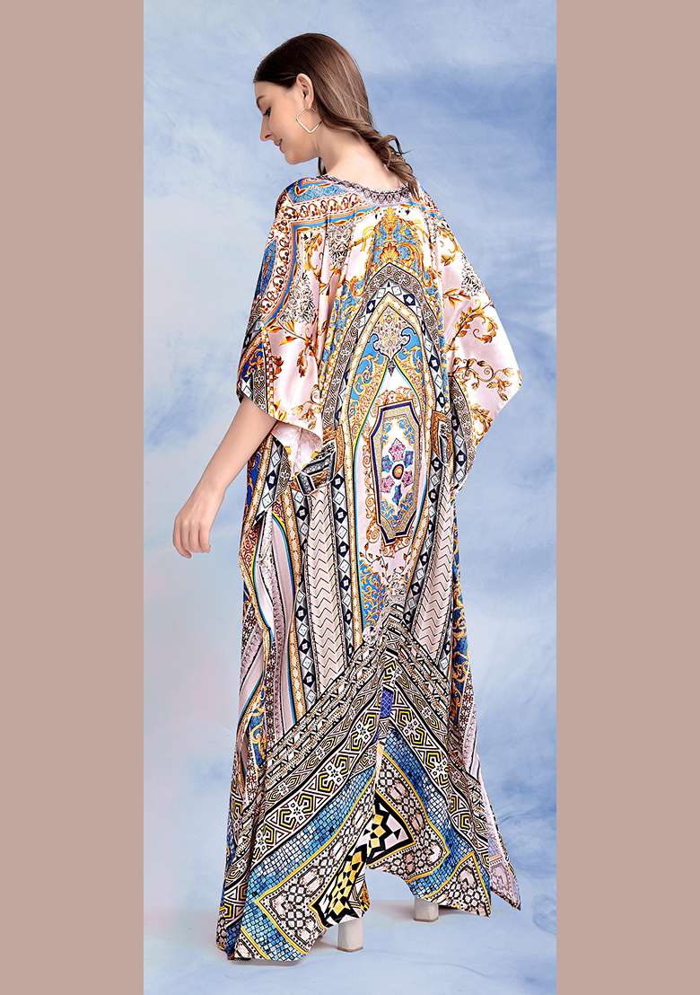 Multicolor Printed Satin Kaftan - Indya