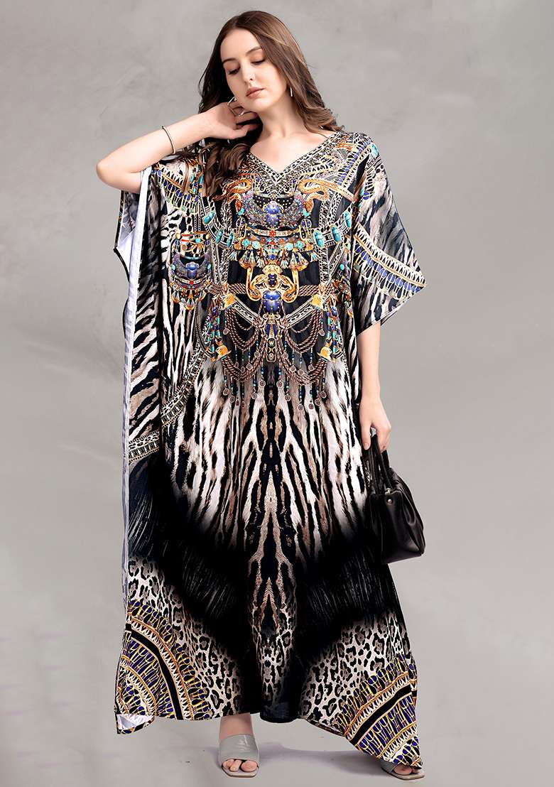 Multicolor Printed Satin Kaftan - Indya