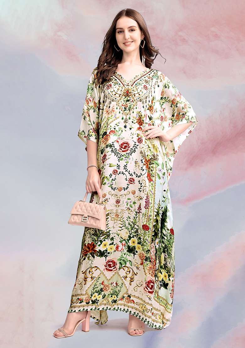 Multicolor Embroidered Satin Kaftan - Indya