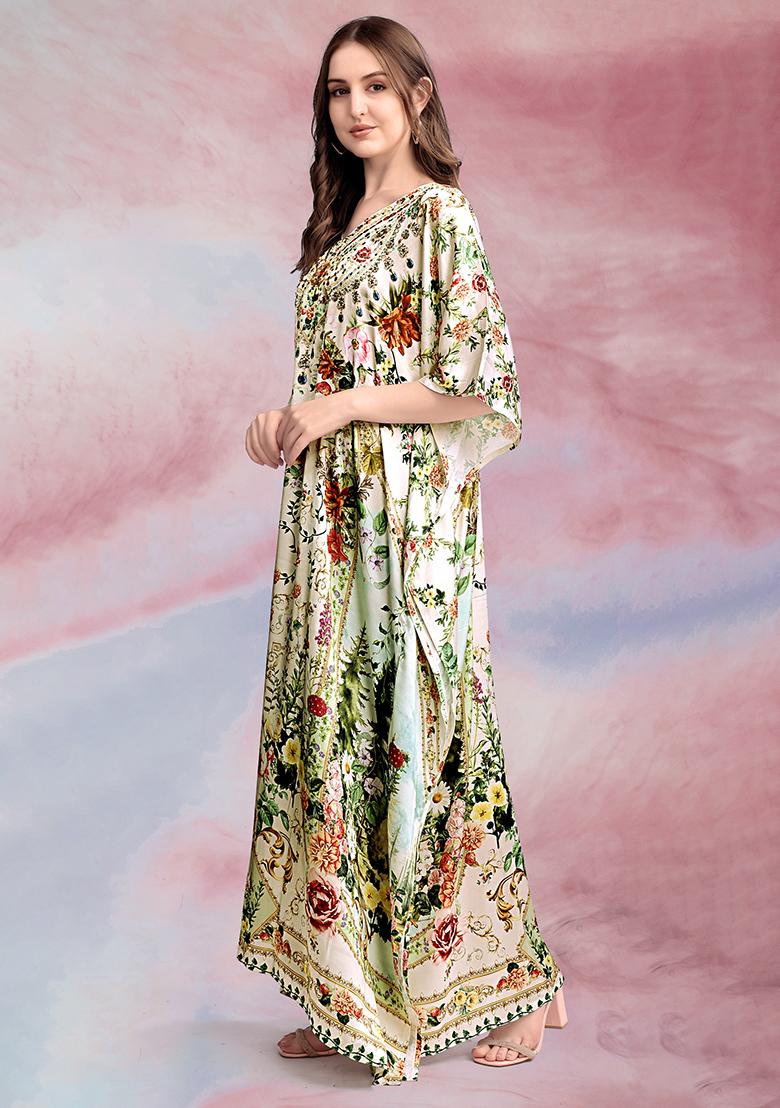 Multicolor Printed Satin Kaftan - Indya