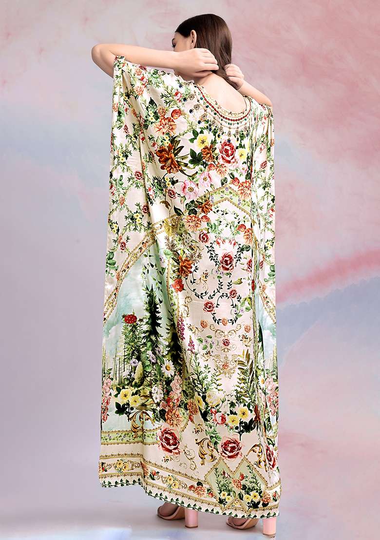 Multicolor Embroidered Satin Kaftan - Indya