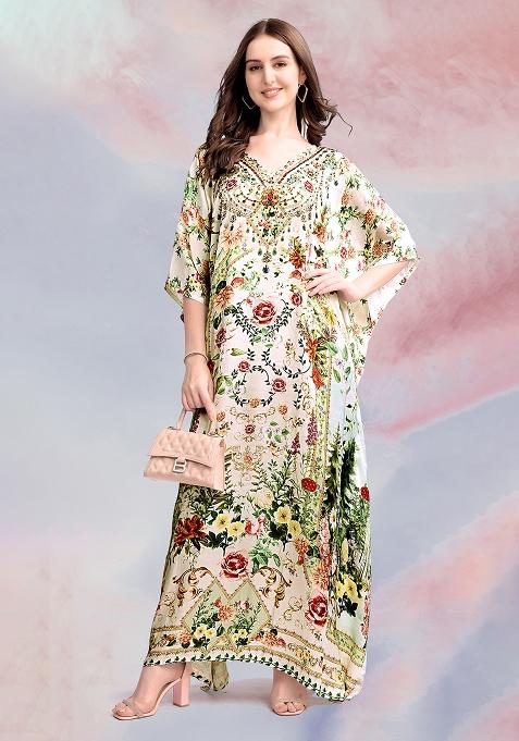 Multicolor Printed Satin Kaftan