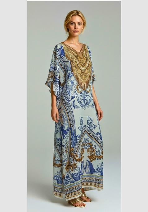 Multicolor Printed Satin Kaftan