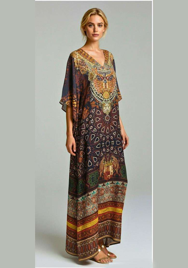 Multicolor Printed Satin Kaftan - Indya